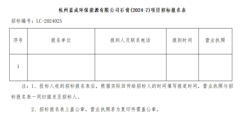 杭州蓝成环保能源有限公司石膏&#40;2024-7&#41;项目招标通告 - 招标通告 - 杭州蓝成环保能源有限公司