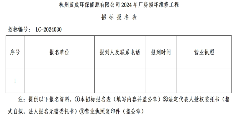 杭州蓝成环保能源有限公司2024年厂房损坏维修工程招标通告 - 招标通告 - 杭州蓝成环保能源有限公司