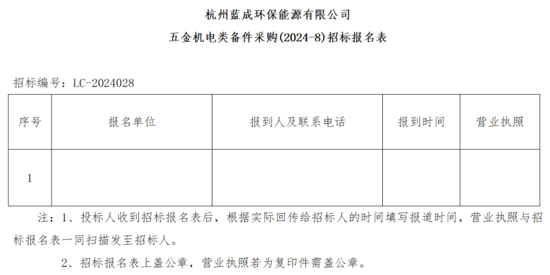 杭州蓝成环保能源有限公司五金机电类备件采购&#40;2024-8&#41;招标通告 - 招标通告 - 杭州蓝成环保能源有限公司